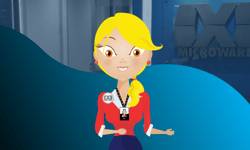 Bella (Assistente Virtual Microware) apontando para a direita.